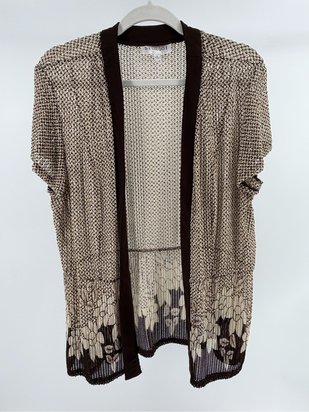 Vintage Studio I Loose Knit Brown Floral Trim Open Front Cardigan, Women's 16